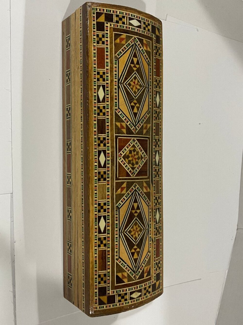 Vtg Persian Micro-Mosaic Wooden Marquetry Geometric Trinket Jewelry Box 9.25x3"